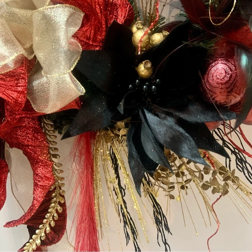 Elegant Unique Floral Christmas Contemporary Black Red Gold Door Wall Wreath